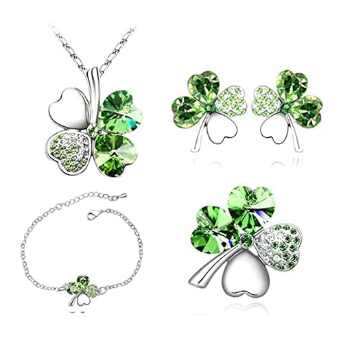 4PCS Vierblättrige Kleeblatt Schmuckset für Frauen Vierblättriges Kleeblatt Halskette Armband Ohrstecker Fibeln Set mit Kleeblatt Anhänger Geschenke für Mädchen Mama Damen GR von MeeQee