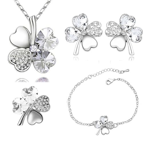 4PCS Vierblättrige Kleeblatt Schmuckset für Frauen Vierblättriges Kleeblatt Halskette Armband Ohrstecker Fibeln Set mit Kleeblatt Anhänger Geschenke für Mädchen Mama Damen WH von MeeQee