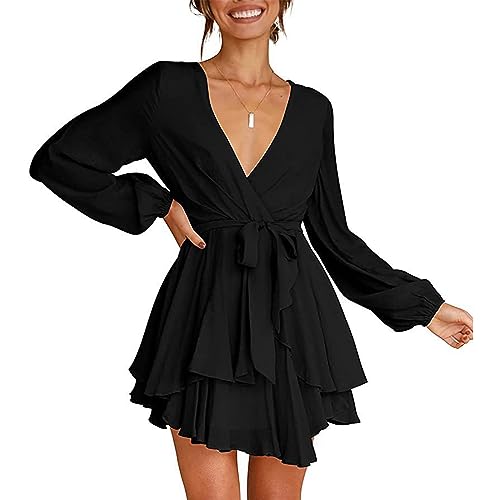 Damen Kleid Langarm V-Ausschnitt Hohe Taille Rüschen Gürtel Kleider Casual Sommerkleider Elegant A-Linie Minikleider von MeeQee