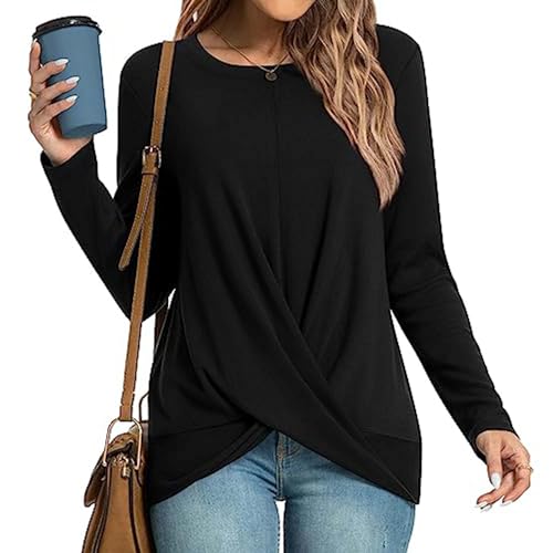 Damen Langarmshirt Mode Rundhals Gedrehte Knopfleiste Vorne Langarm Tops Elegant Solide Lässig Lose Basic Oberteil Lose T-Shirt Damen Herbst Winter HL von MeeQee