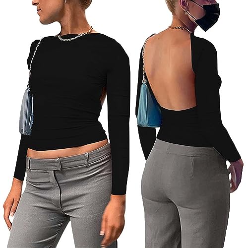 Damen Rückenfrei Langarmshirt Y2K Oberteile Front Back Reversible Tops Casual T-Shirts Sexy Cut Out Crop Top Basic Slim Fit Langarm Shirt von MeeQee