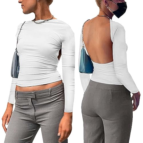 Damen Rückenfrei Langarmshirt Y2K Oberteile Front Back Reversible Tops Casual T-Shirts Sexy Cut Out Crop Top Basic Slim Fit Langarm Shirt von MeeQee