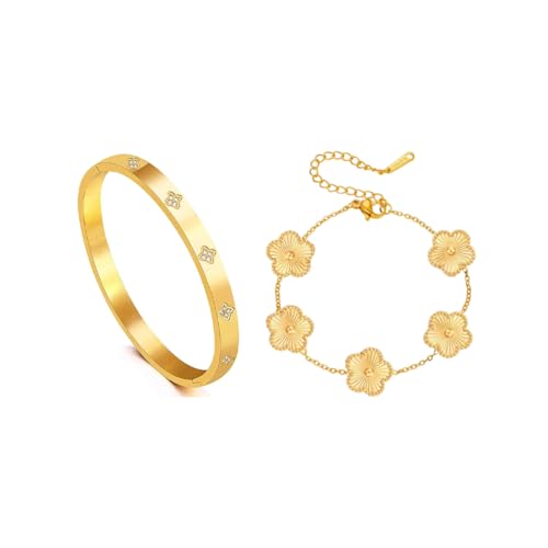 MeeQee 2 Stück Vierblättriges Kleeblatt Armband 18K Vergoldet Kleeblatt Armreif mit Cubic Zirkonia Gold Luxuriöses Glücksarmband Modische Exquisite Adjustable Armbänder Set Glücksschmuck (Gold) von MeeQee