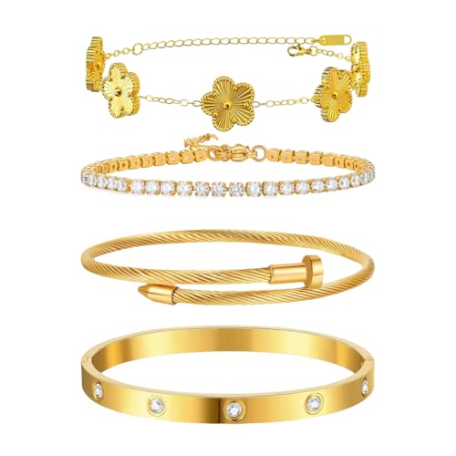 MeeQee 4 Stück Armband Damen Gold 18K Vergoldet Vierblättriges Kleeblatt Armbänder Set Verstellbare Stapelbare Tennisarmband Cubic Zirkonia Armreif Glücksschmuck für Damen (Gold) von MeeQee