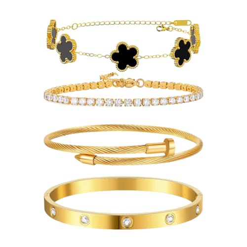 MeeQee 4 Stück Armband Damen Gold 18K Vergoldet Vierblättriges Kleeblatt Armbänder Set Verstellbare Stapelbare Tennisarmband Cubic Zirkonia Armreif Glücksschmuck für Damen (Schwarz) von MeeQee