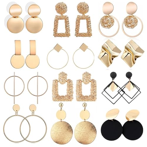 MeeQee 9/12 Paar Clip-Ohrringe Set für Damen Goldenes Geometrische Anhänger Ohrclips Hypoallergen Metall Rund Rechteck Statement Hängeohrringe Mode Nicht Durchdringende Tropfen Ohrhänger Set von MeeQee