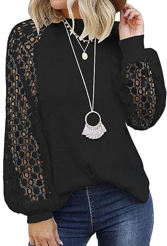 MeeQee Bluse Damen Langarmshirt Hohlspitzen Hülse Patchwork Strickpullover Runder Halsausschnitt Elegant Lässig Oberteile Frühling Sommer Black/M von MeeQee