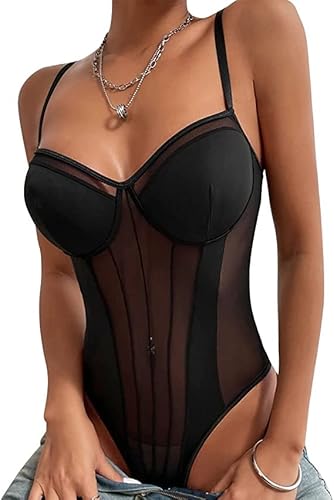 MeeQee Body Damen Sexy Sheer Mesh Bodysuit Spaghettiträger ärmellos Body Rückenfreie Slim Jumpsuit Mode Going Out Tops für Party von MeeQee