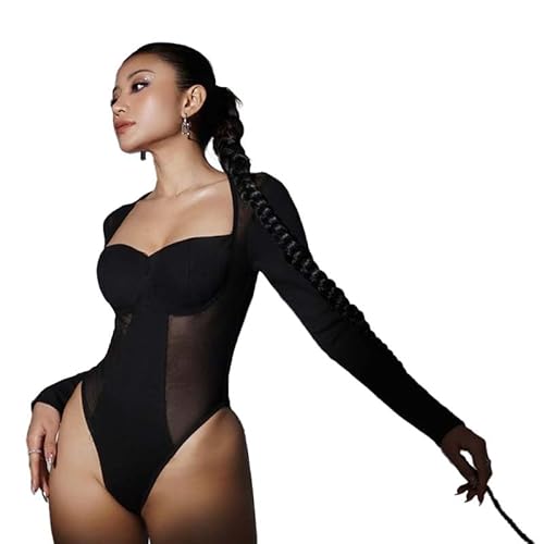 MeeQee Bodys für Damen Langarm Jumpsuit mit Quadratischer Ausschnitt Sexy Transparenter Sheer Mesh Bodysuit Slim Stretchy Bodies Oberteil Mode Going Out Bodycon Tops von MeeQee