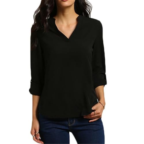 MeeQee Damen Bluse Elegant V-Ausschnitt Chiffon Langarm Aufrollbaren ÄRmeln Locker Blusen Casual Einfarbig Tops Longshirt Oberteile Black/L von MeeQee