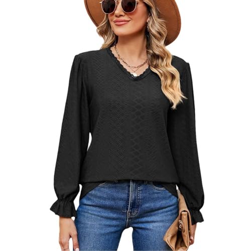 MeeQee Damen Bluse V Ausschnitt mit Spitzen Laternenärmel Oberteile Langarmshirt Elegant Tunika Blusen Herbst von MeeQee