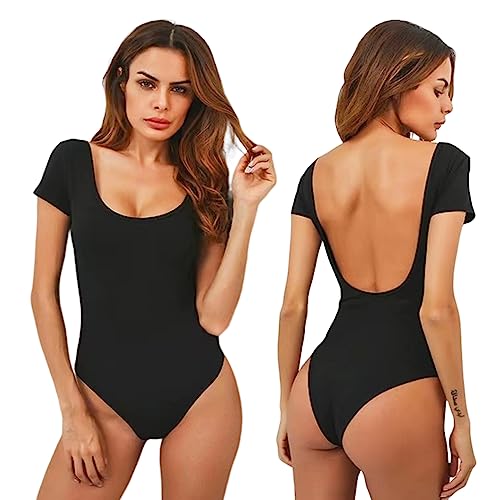 MeeQee Damen Body U-Ausschnitt Kurzarm Sexy Schmal Bodysuit Top Elegant Kurz Body Backless Shapewear Slim Fit T-Shirt Overalls Y2K Streetwear von MeeQee