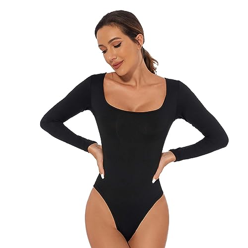 MeeQee Damen Body langarm Bodysuit Eckiger Ausschnitt Doppelt Gefüttert Tops Elegant Schlank Jumpsuit/L von MeeQee