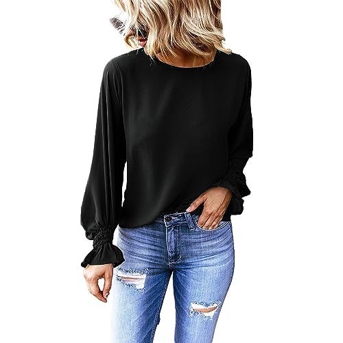 MeeQee Damen Chiffon Bluse Shirt Langarm Elegant Rundhalls Oberteile Mode Freizeit Puffärmel Tops Lockeres Gemütlich Blusen Solide Farbe Leichtgewicht Tuniken für Herbst und Winter von MeeQee