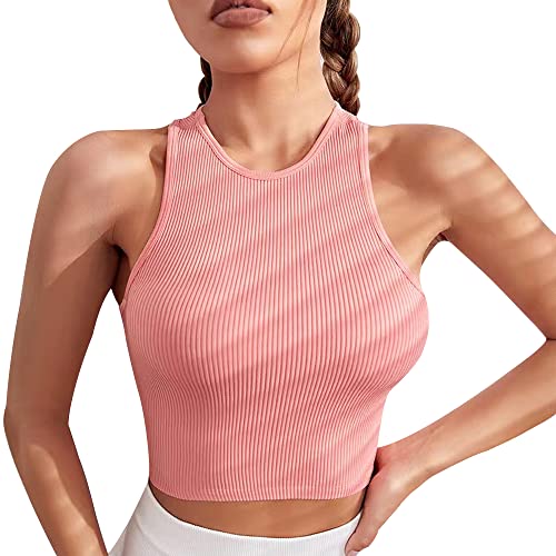 MeeQee Damen Crop Tank Top ärmellose Racerback Crop Tops Short Rundhals Weste Sport Top Frauen Tägliche Kleidung Rosa von MeeQee