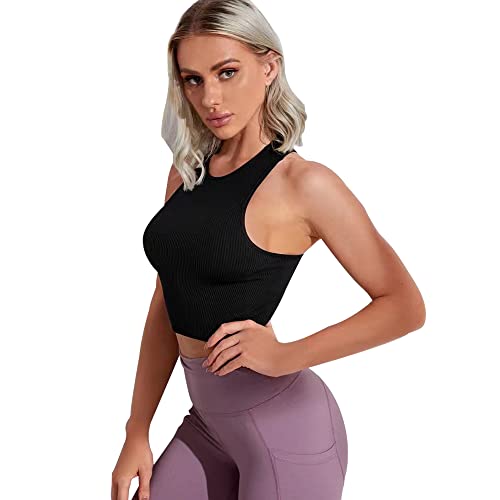 MeeQee Damen Crop Tank Top ärmellose Racerback Crop Tops Short Rundhals Weste Sport Top Frauen Tägliche Kleidung schwarz von MeeQee