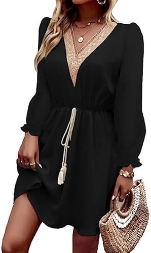 MeeQee Damen Freizeitkleider Langarm Spitze V-Ausschnitt Kleid Modisch Taille Chiffon Minikleider Elegant Knielang Kleider mit Laternenärmeln von MeeQee