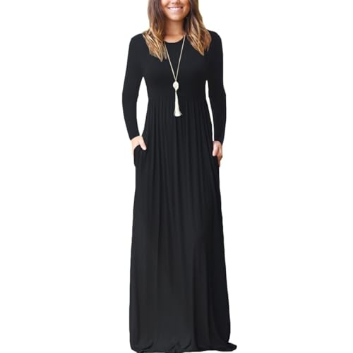 MeeQee Damen Langarm Maxikleid Lässige Rundhals Lange Kleider Schwarz Lose Freizeitkleid Elegante Einfarbig Herbst Winterkleid Lang Abendkleid mit Taschen von MeeQee