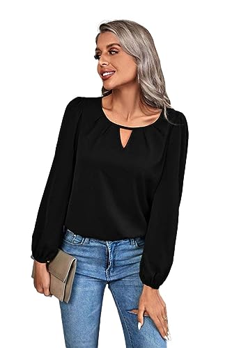 MeeQee Damen Langarmshirt V Ausschnitt Oberteile Casual Lose Basic Elastikbündchen Bluse Tops Elegant Solide Bequeme Tunika Shirt Top mit Plissee für Damen von MeeQee