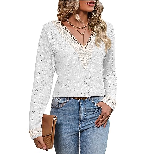 MeeQee Damen Langarmshirts Casual V Ausschnitt Pullover Knitted Sweater Bequemes Und Atmungsaktives Perforiertes Langarmshirt Geeignet füR Frühling Herbst White/S von MeeQee