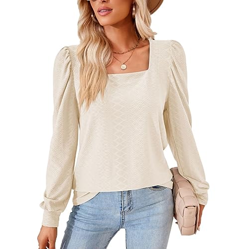 MeeQee Damen Langarmshirts mit Quadratischem Ausschnitt Modisches Einfarbig Basic Langarmhemden Oberteil Elegant Casual Lose Damen Blusen Tops von MeeQee