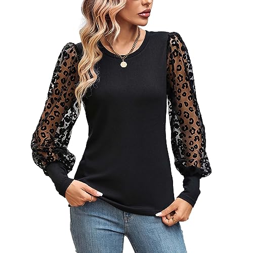 MeeQee Damen Oberteil Mit Langarmshirt Rundkragen Spitzen Ärmel Patchwork Tops Elegant Herbstshirt Stricktop/L von MeeQee