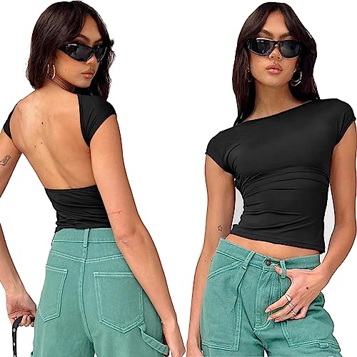 MeeQee Damen Rückenfrei T-Shirt Sexy Backless Top Y2k Slim Fit Crop Top Rücken Cut Out Oberteile Neu im Sommer Tees für Streetwea von MeeQee