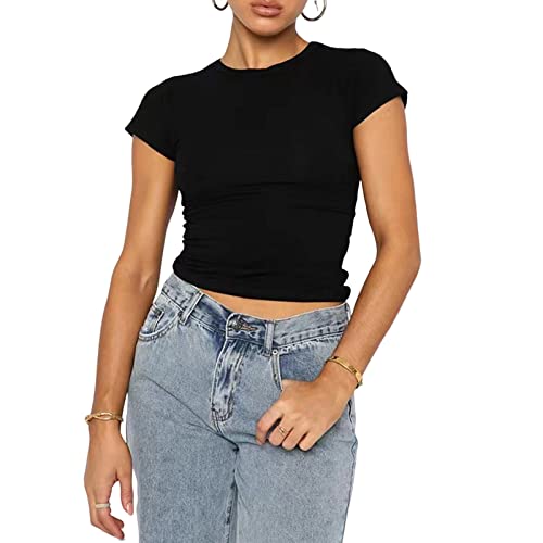 MeeQee Damen Skim Dupes Basic Crop Tops Basic-Kurzarm-Crop-Top für Damen Streetwear Y2K Mode Ästhetische Kleidung Sommer Outfit Streetwea (as3, Alpha, l, Regular, Regular, Black) von MeeQee