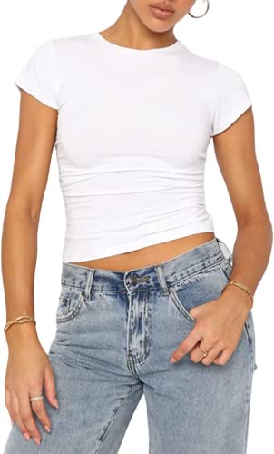 MeeQee Damen Skim Dupes Basic Crop Tops Basic-Kurzarm-Crop-Top für Damen Streetwear Y2K Mode Ästhetische Kleidung Sommer Outfit Streetwea (as3, Alpha, l, Regular, Regular, White) von MeeQee