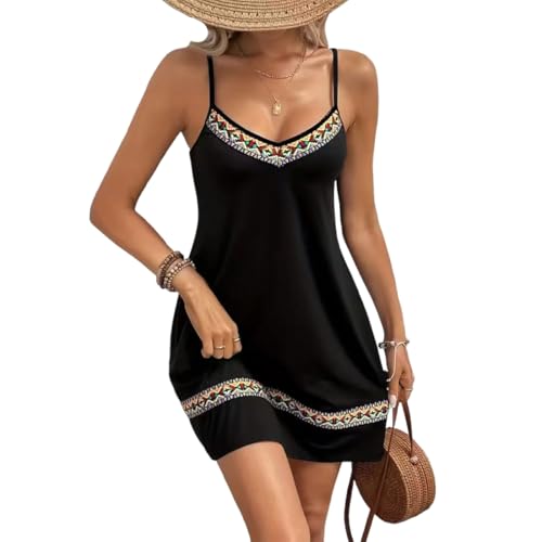 MeeQee Damen Strandkleid Sommer Strandtunika Kurz Bikini Cover Up Bademode Ärmellos Spaghettiträger Knielang Swing Strandkleider Boho Tunika V-Ausschnitt Leicht Strandponcho Sommerkleid von MeeQee