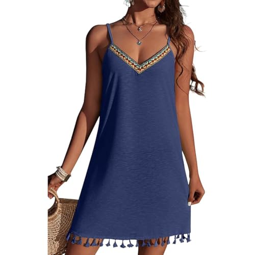MeeQee Damen Strandkleid Sommerkleid Strandtunika Kurz Bikini Cover Up V-Ausschnitt Strandponcho Ärmelloses Kleider Bademode Badeanzug von MeeQee