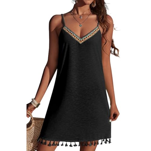 MeeQee Damen Strandkleid Sommerkleid Strandtunika Kurz Bikini Cover Up V-Ausschnitt Strandponcho Ärmelloses Kleider Bademode Badeanzug von MeeQee