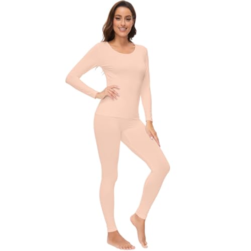 MeeQee Damen Thermounterwäsche Set Ultraleicht Unterteil Langarmshirt Oberteil & Thermo Leggings Warme Funktionsunterwäsche für Winter/Nude von MeeQee