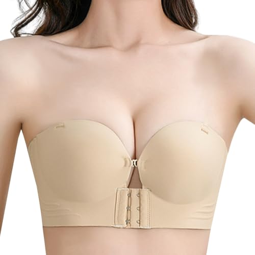 MeeQee Damen Trägerloser BH Ohne Bügel Push Up Vorderverschluss BH Ohne Träger Rutschfestem Bandeau BH Unsichtbare Bequem Nahtlose Büstenhalter Gepolstert Tube Top BHS mit Geformte Cups von MeeQee