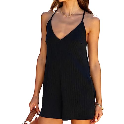 MeeQee Jumpsuit Damen Sommer Casual Kurz locker Einteiler Strampler V-Ausschnitt Ärmelloser Jumpsuit Verstellbarer Riemen Mit Taschen Black/M von MeeQee