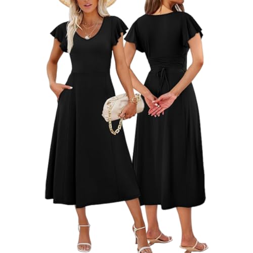 MeeQee Sommerkleid Damen Elegant Rüschen Ärmel V-Ausschnitt Maxikleid Casual Kurzarm Lang Kleider Loose Swing A-Linie Freizeit Strandkleid Wickelkleid Sommer Einfarbig Fließend Kleid mit Taschen von MeeQee
