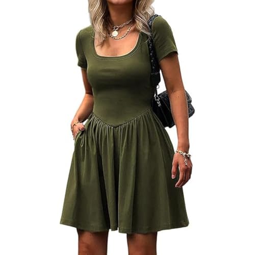 MeeQee Sommerkleid Damen Kurzarm Quadratischer Ausschnitt Kleider Freizeit Tunika Minikleid Elegant Einfarbig Strandkleid Knielang A-Linie Kleider mit Tasche von MeeQee