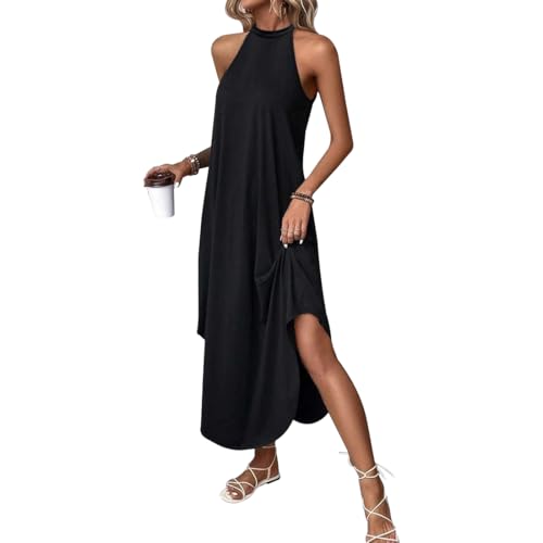 MeeQee Sommerkleider Damen Lang Ärmellos Neckholder Maxikleid Sommer Lockeres Lässige Lange Strandkleid Elegant Einfarbig Freizeitkleid Leicht und Luftig Tank T-Shirt Kleid von MeeQee