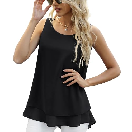 MeeQee Tank Tops für Damen Chiffon Flowy Doppelschichten Ärmellose Tunika Tank Elegant Rundhals Locker Oberteile Sommer Mode Lässig Basic Blusen von MeeQee