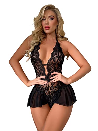 Sexy Body Dessous Damen Spitze Reizwäsche Babydoll Negligee Body Deep V-Ausschnitt Erotische One Piece Rückenfreie Spitze Nachtwäsche Dessous Outfit für Sex von MeeQee