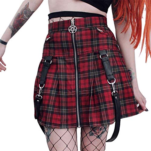 Damen Minirock Harajuku Stil Rock Persönlichkeit Kette Spleißen Gothic Rock Hohe Taill Slim Fit Faltenrock Vintage Plaid Freizeitrock, Mehrere Stile von Meedot