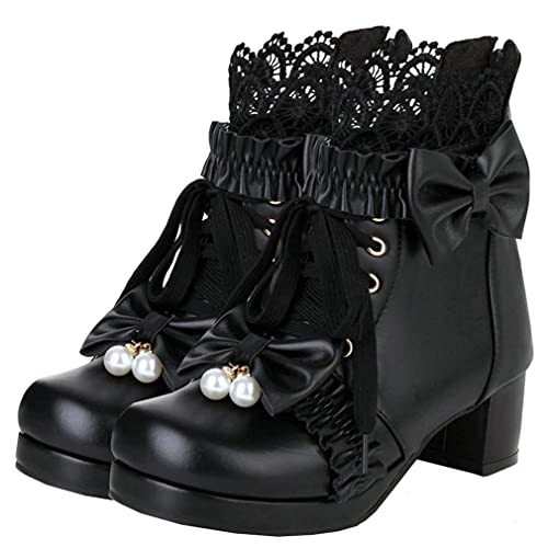 Meefit Damen Lolita Plateaustiefel Schnürstiefel Chunky Heel Stiefeletten mit Schleife Cosplay Winterschuhe, schwarz, 40.5 EU von Meefit