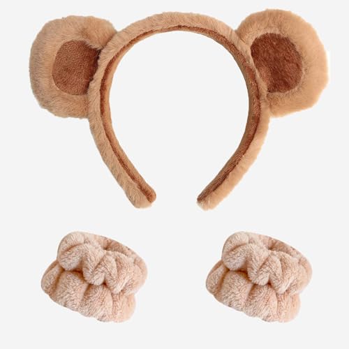 Meekest Khaki-Bär-Ohren-Haarband und Armbänder, Bärenkostüm für Halloween, Cosplay, Party, niedliches Bären-Zubehör, rutschfestes Haarband für Make-up, Gesichtswäsche von Meekest