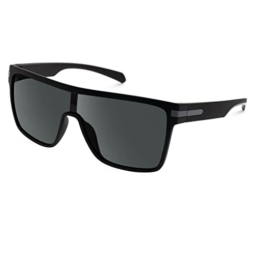 Meeloog Groß Polarisierte Sonnenbrille für Herren und Damen Flat Top Outdoor Sports Sonnenbrillen Autofahrende Sonnenbrillen UV-Schutz, Mattschwarzer Rahmen/Graue/Graue Linse, M von Meeloog