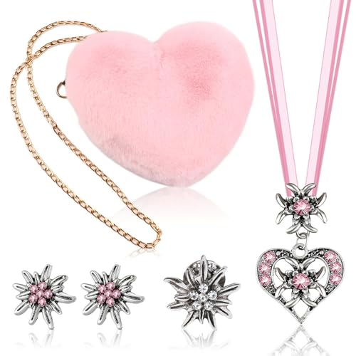 5Pcs Trachtenschmuck Set Bayerisch Dirndlschmuck Trachtenkette mit Strass Edelweiß Herz Anhänger,Edelweiß Ohrstecker,Ansteckpin Edelweiß,Herz Trachtentasche,für Bierfest Trachten Dirndl Outfit Zubehör von Meemion
