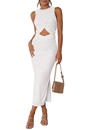 Meenew Damen Ärmelloses Sommer Lang Bodycon Kleid Twist Cutout Midi Etuikleid Geraffte Tie Back Tank Kleid mit Schlitz, Weiss/opulenter Garten, Mittel von Meenew