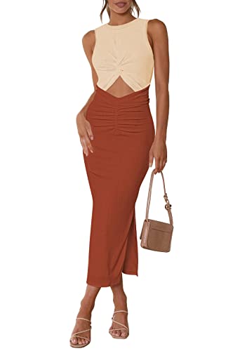 Meenew Damen Ärmelloses Sommer Lang Bodycon Kleid Twist Cutout Midi Etuikleid Rüschen Tie Back Tank Kleid mit Schlitz, Braun/Beige, Groß von Meenew