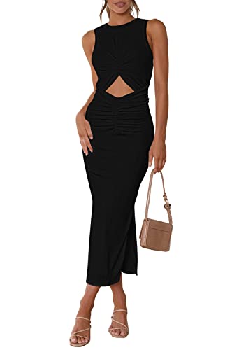 Meenew Damen Ärmelloses Sommer Lang Bodycon Kleid Twist Cutout Midi Etuikleid Rüschen Tie Back Tank Kleid mit Schlitz, Schwarz, Groß von Meenew