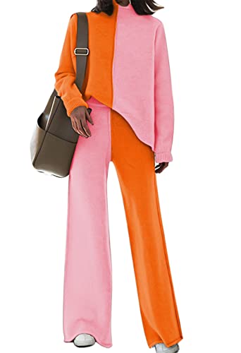 Meenew Damen Hoher Ausschnitt 2 Stück Sweatsuit Langarm Strick Pullover Tops Weites Bein Hosen Set Outfits, Colorblock-pink, Large von Meenew