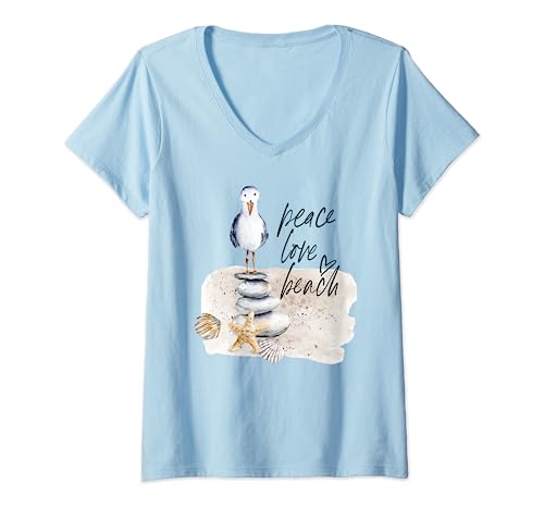 Damen Frieden, Liebe, Strand, Meer, Möwe T-Shirt mit V-Ausschnitt von Meer Lifestyle